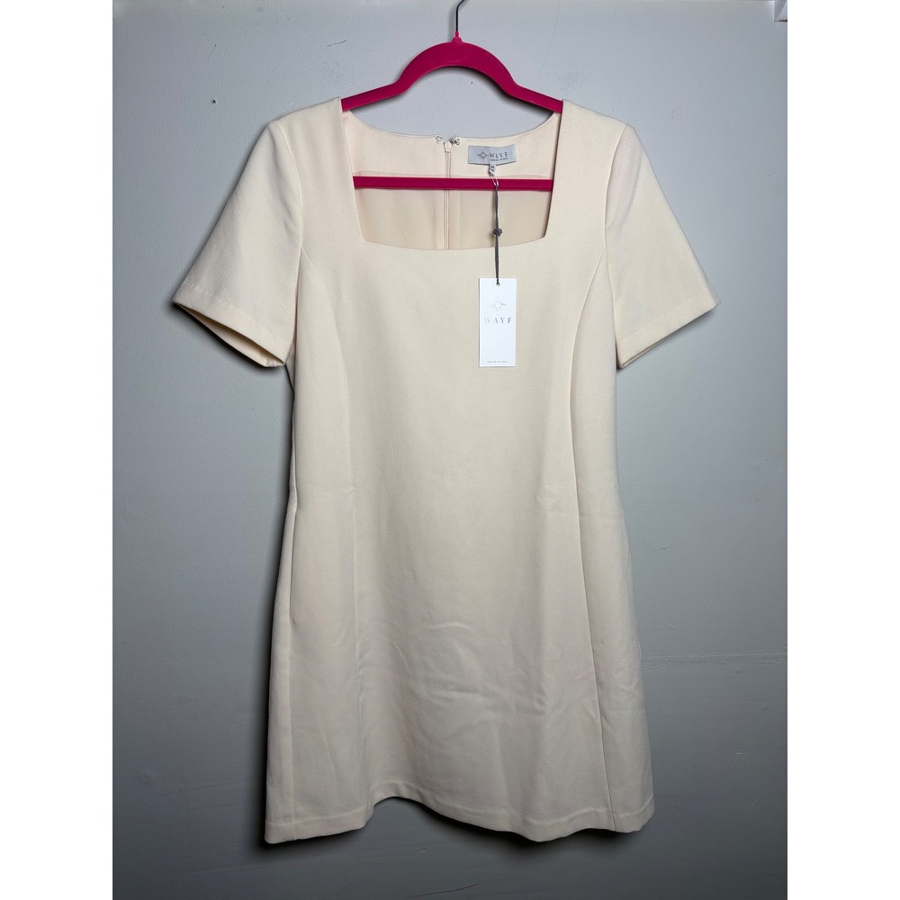 WAYF Square Neck Shift Mini Dress Women's M Cream Short Sleeve